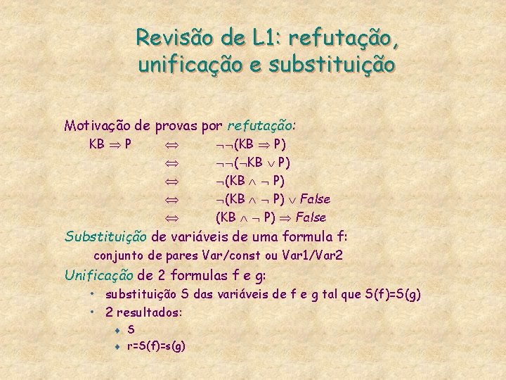 Revisão de L 1: refutação, unificação e substituição Motivação de provas por refutação: KB