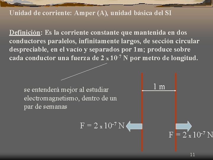 Unidad de corriente: Amper (A), unidad básica del SI Definición: Es la corriente constante