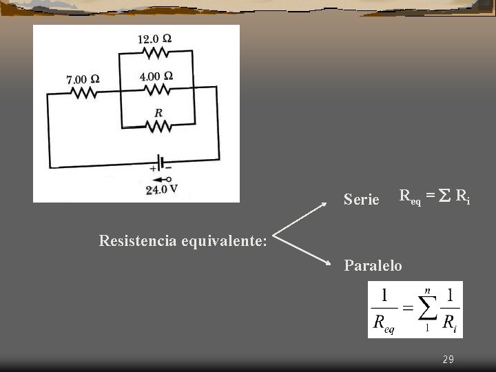 Serie Req = Ri Resistencia equivalente: Paralelo 29 