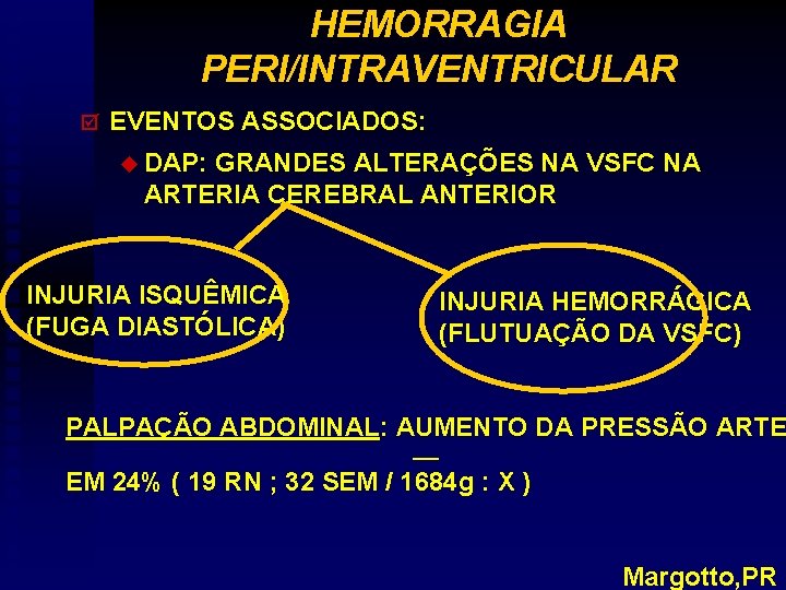 HEMORRAGIA PERI/INTRAVENTRICULAR þ EVENTOS ASSOCIADOS: u DAP: GRANDES ALTERAÇÕES NA VSFC NA ARTERIA CEREBRAL
