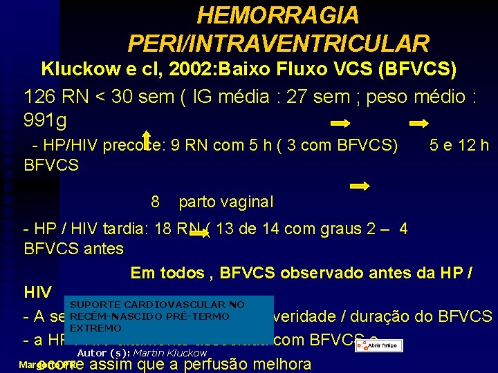HEMORRAGIA PERI/INTRAVENTRICULAR Kluckow e cl, 2002: Baixo Fluxo VCS (BFVCS) 126 RN < 30