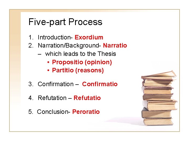 Five-part Process 1. Introduction- Exordium 2. Narration/Background- Narratio – which leads to the Thesis