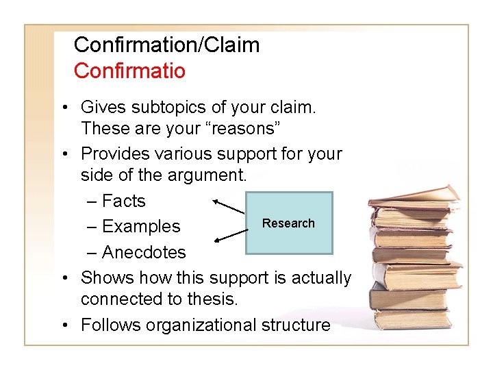 Confirmation/Claim Confirmatio • Gives subtopics of your claim. These are your “reasons” • Provides