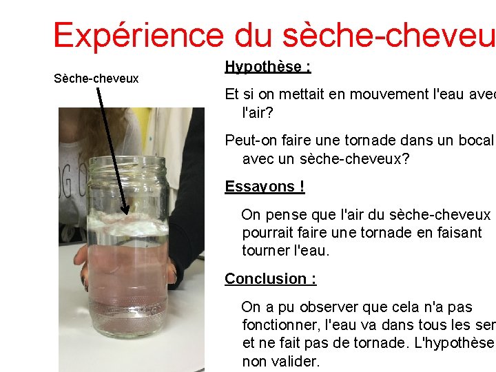 Expérience du sèche-cheveu Sèche-cheveux Hypothèse : Et si on mettait en mouvement l'eau avec