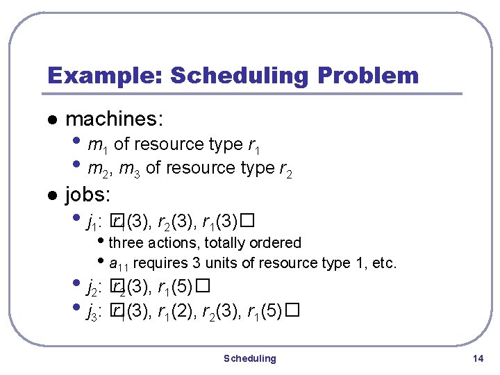 Example: Scheduling Problem l machines: l jobs: • m 1 of resource type r