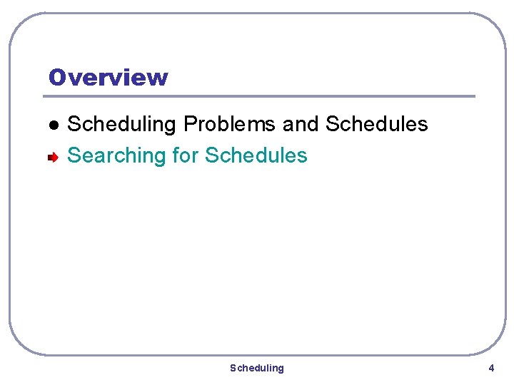 Overview l Scheduling Problems and Schedules Searching for Schedules Scheduling 4 