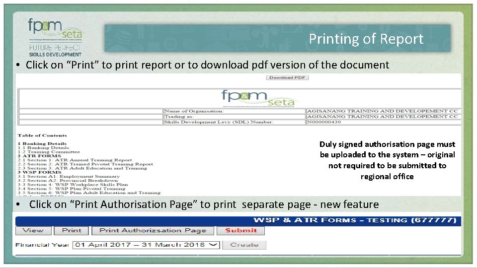 Printing of Report • Click on “Print” to print report or to download pdf