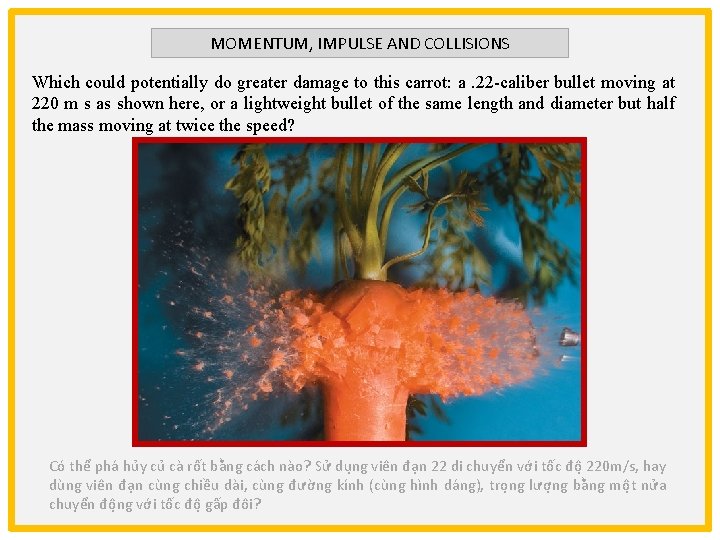 MOMENTUM, IMPULSE AND COLLISIONS Which could potentially do greater damage to this carrot: a.