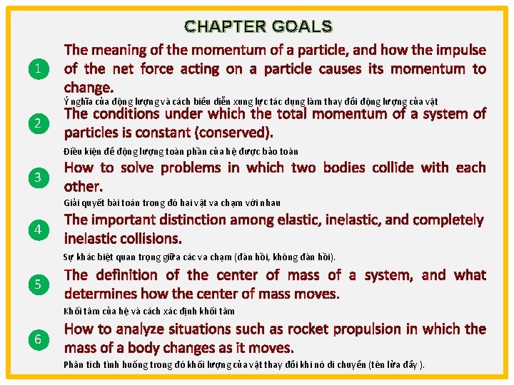 CHAPTER GOALS 1 The meaning of the momentum of a particle, and how the