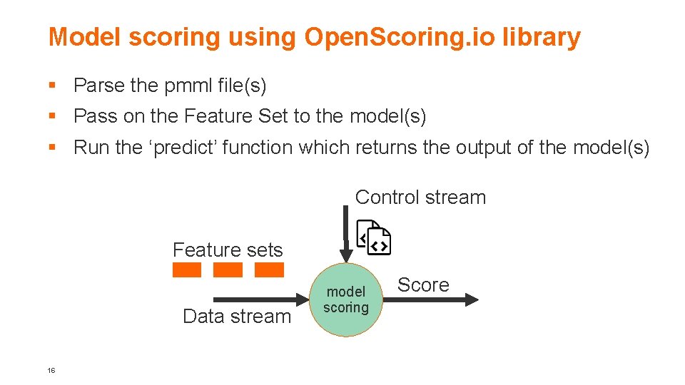 Model scoring using Open. Scoring. io library § Parse the pmml file(s) § Pass