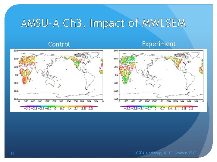 AMSU-A Ch 3, Impact of MWLSEM Control 13 Experiment JCSDA Workshop, 10 -12 October,