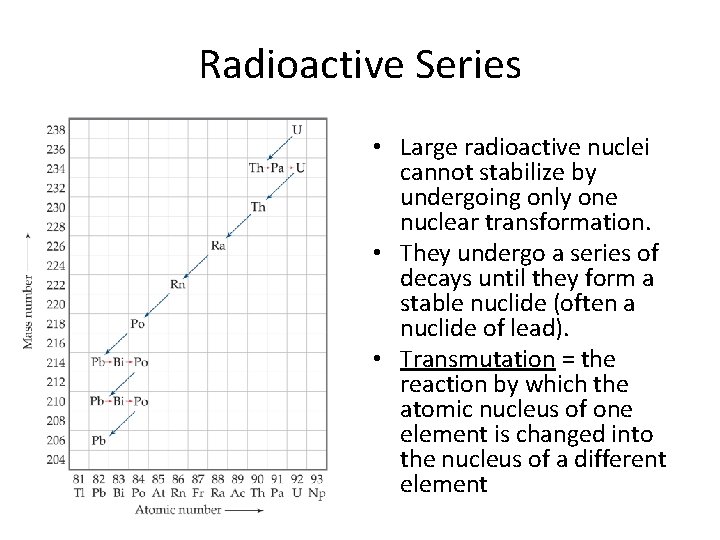 Radioactive Series • Large radioactive nuclei cannot stabilize by undergoing only one nuclear transformation.