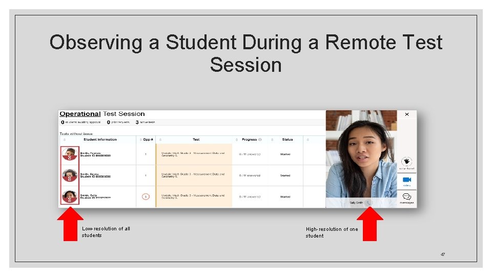 Observing a Student During a Remote Test Session Low-resolution of all students High-resolution of