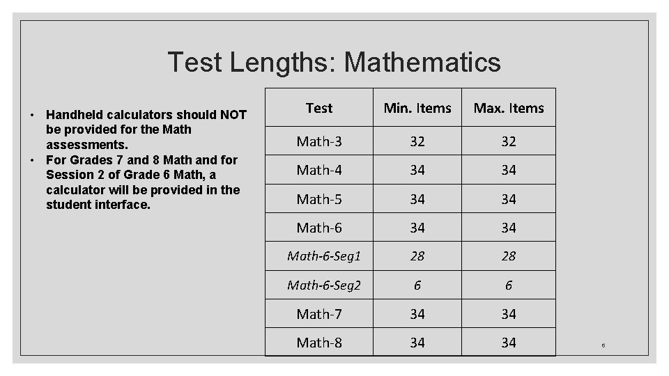 Test Lengths: Mathematics • Handheld calculators should NOT be provided for the Math assessments.