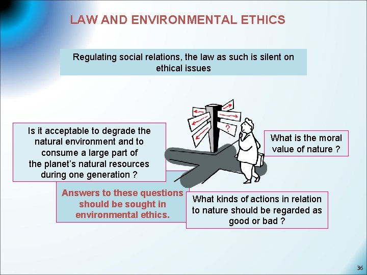 LAW AND ENVIRONMENTAL ETHICS Regulating social relations, the law as such is silent on