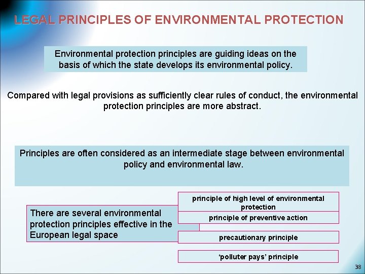 LEGAL PRINCIPLES OF ENVIRONMENTAL PROTECTION Environmental protection principles are guiding ideas on the basis