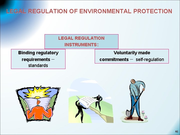 LEGAL REGULATION OF ENVIRONMENTAL PROTECTION LEGAL REGULATION INSTRUMENTS: Binding regulatory requirements – standards Voluntarily