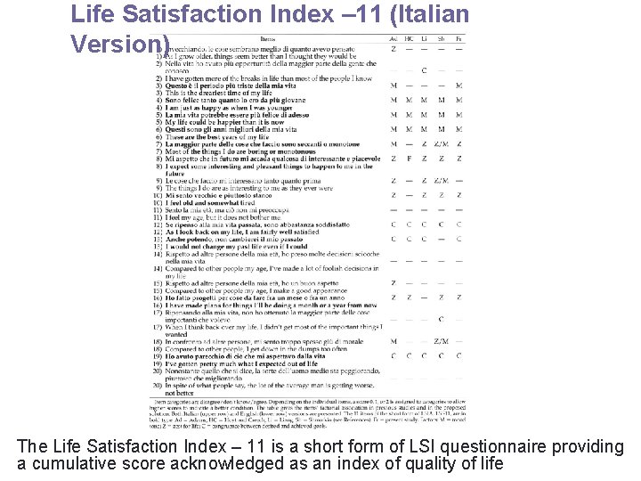 Life Satisfaction Index – 11 (Italian Version) The Life Satisfaction Index – 11 is
