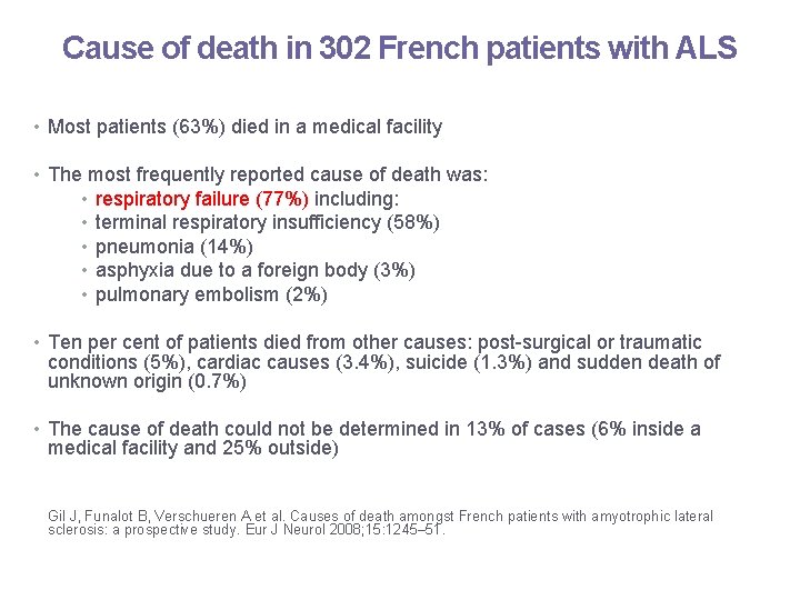 Cause of death in 302 French patients with ALS • Most patients (63%) died
