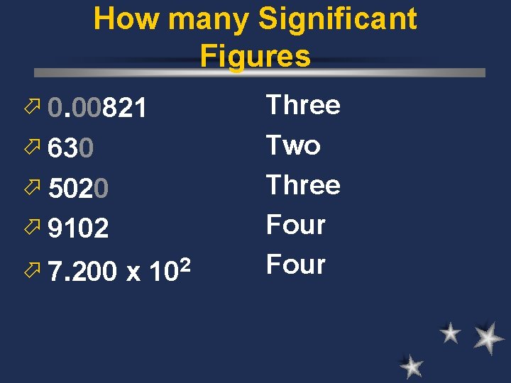 How many Significant Figures ö 0. 00821 ö 630 ö 5020 ö 9102 ö