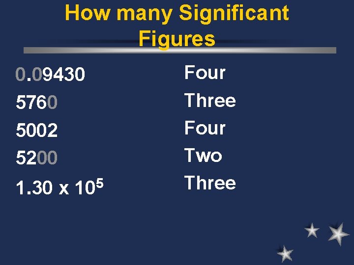 How many Significant Figures 0. 09430 5760 5002 5200 1. 30 x 105 Four