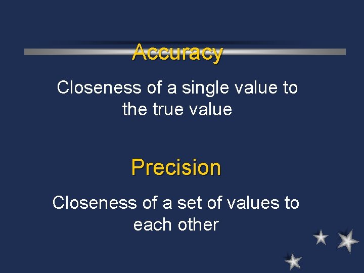 Accuracy Closeness of a single value to the true value Precision Closeness of a