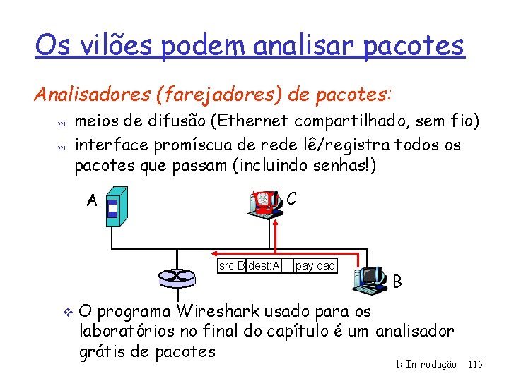 Os vilões podem analisar pacotes Analisadores (farejadores) de pacotes: m m meios de difusão