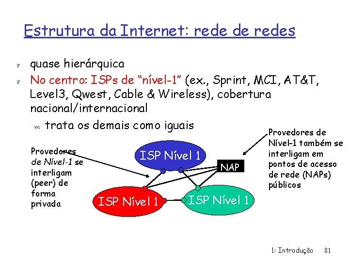 Estrutura da Internet: rede de redes r quase hierárquica r No centro: ISPs de