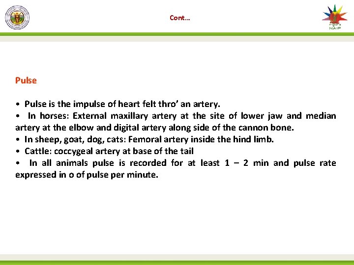 Cont… Pulse • Pulse is the impulse of heart felt thro’ an artery. •