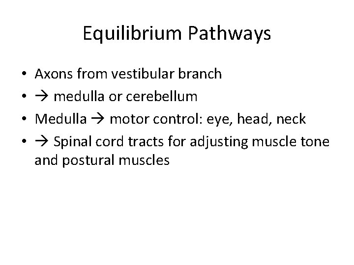 Equilibrium Pathways • • Axons from vestibular branch medulla or cerebellum Medulla motor control: