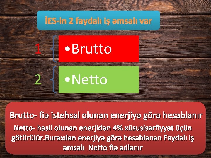 İES-in 2 faydalı iş əmsalı var 1 • Brutto 2 • Netto Brutto- fiə