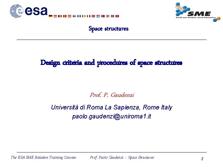 Space structures Design criteria and procedures of space structures Prof. P. Gaudenzi Università di