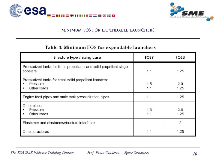 MINIMUM FOS FOR EXPENDABLE LAUNCHERS The ESA SME Initiative Training Courses Prof. Paolo Gaudenzi