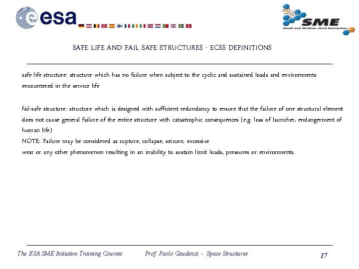 SAFE LIFE AND FAIL SAFE STRUCTURES - ECSS DEFINITIONS safe life structure: structure which