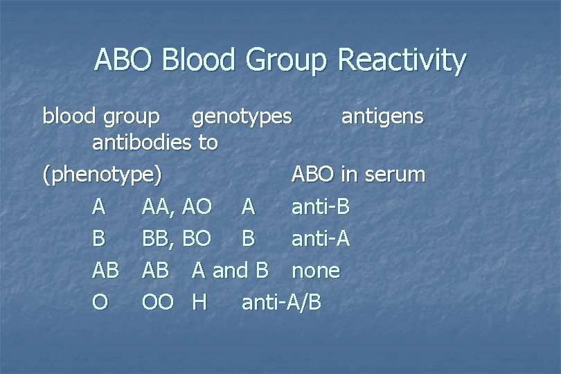 ABO Blood Group Reactivity blood group genotypes antigens antibodies to (phenotype) ABO in serum