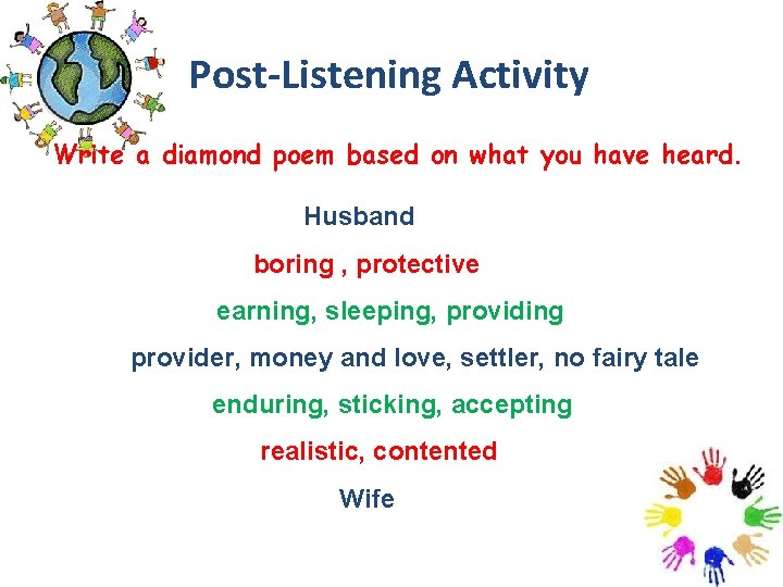 Post-Listening Activity Write a diamond poem based on what you have heard. Husband boring Post-Listening Activity Write a diamond poem based on what you have heard. Husband boring