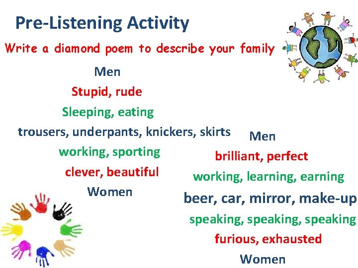 Pre-Listening Activity Write a diamond poem to describe your family Men Stupid, rude Sleeping, Pre-Listening Activity Write a diamond poem to describe your family Men Stupid, rude Sleeping,