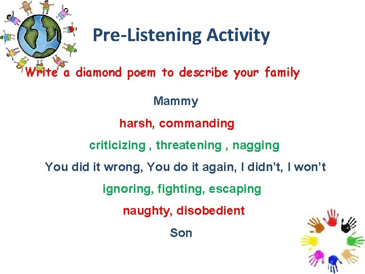 Pre-Listening Activity Write a diamond poem to describe your family Mammy harsh, commanding criticizing Pre-Listening Activity Write a diamond poem to describe your family Mammy harsh, commanding criticizing
