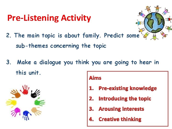 Pre-Listening Activity 2. The main topic is about family. Predict some sub-themes concerning the Pre-Listening Activity 2. The main topic is about family. Predict some sub-themes concerning the