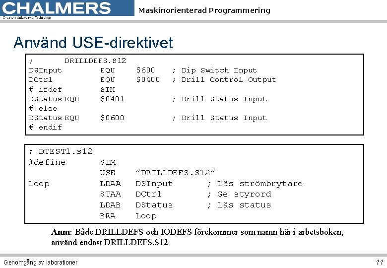 Maskinorienterad Programmering Använd USE-direktivet ; DRILLDEFS. S 12 DSInput EQU DCtrl EQU # ifdef