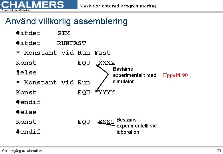 Maskinorienterad Programmering Använd villkorlig assemblering #ifdef SIM #ifdef RUNFAST * Konstant vid Run Fast