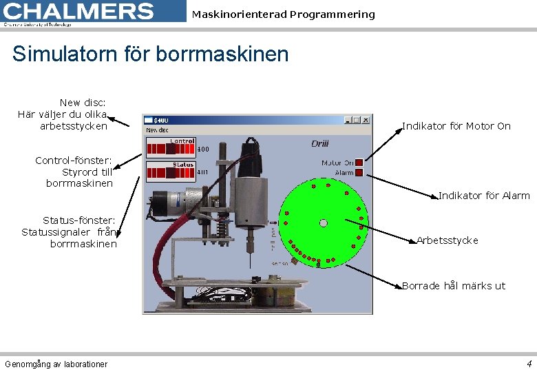 Maskinorienterad Programmering Simulatorn för borrmaskinen New disc: Här väljer du olika arbetsstycken Indikator för