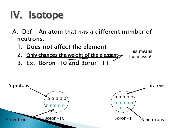IV. Isotope A. Def – An atom that has a different number of neutrons.
