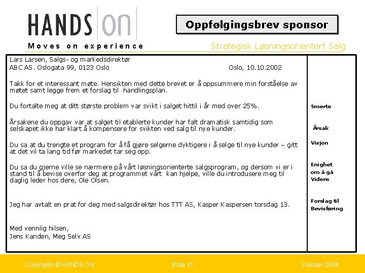 Oppfølgingsbrev sponsor Strategisk Løsningsorientert Salg Moves on experience Larsen, Salgs- og markedsdirektør ABC AS.