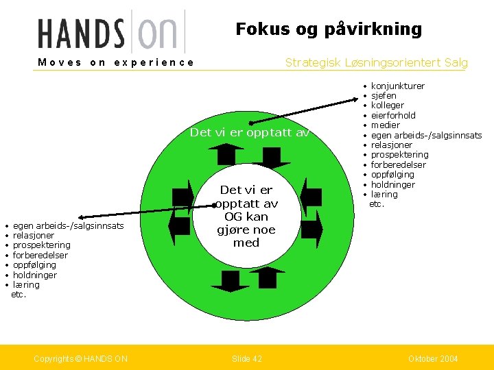 Fokus og påvirkning Strategisk Løsningsorientert Salg Moves on experience Det vi er opptatt av