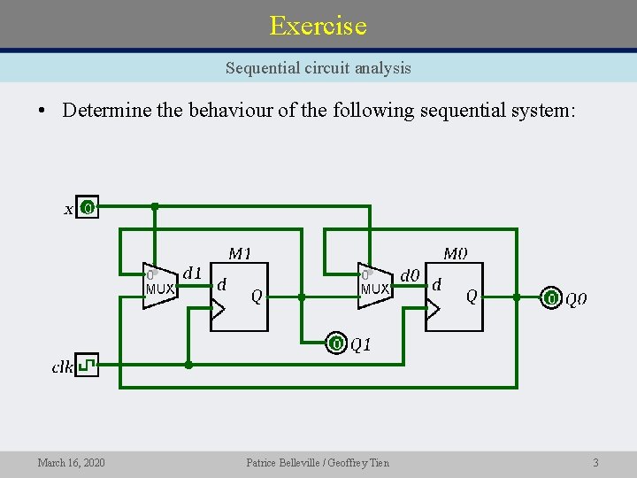 Exercise Sequential circuit analysis • Determine the behaviour of the following sequential system: March