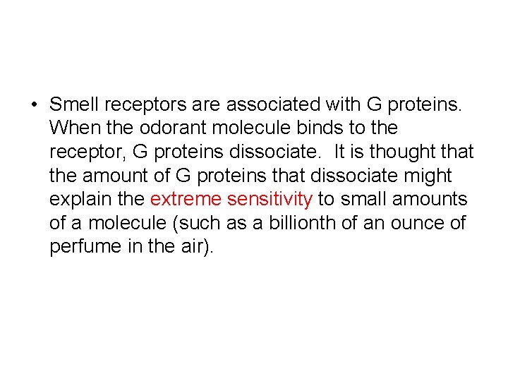  • Smell receptors are associated with G proteins. When the odorant molecule binds