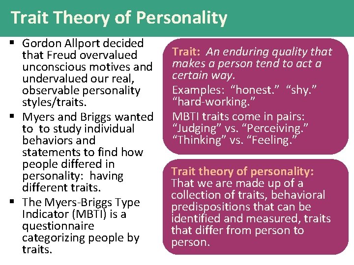 Trait Theory of Personality § Gordon Allport decided that Freud overvalued unconscious motives and