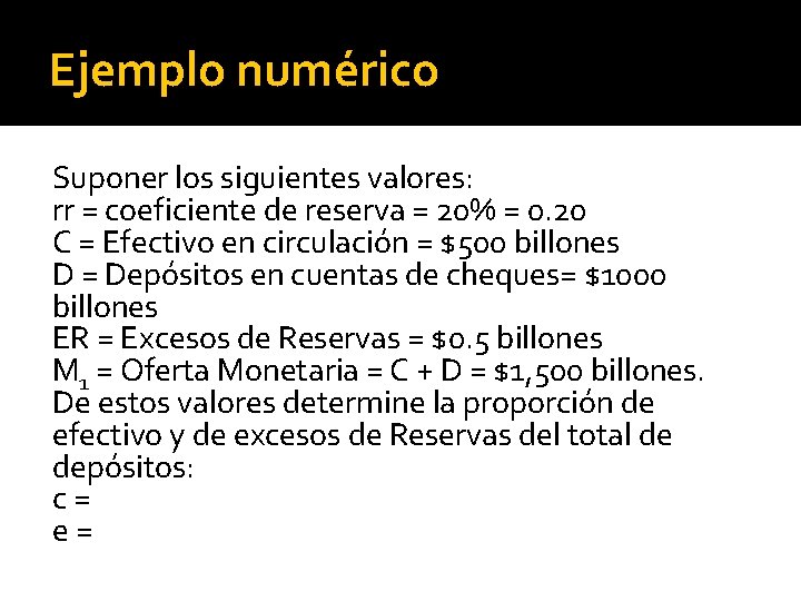 Ejemplo numérico Suponer los siguientes valores: rr = coeficiente de reserva = 20% =