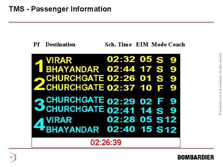 TMS - Passenger Information Destination Sch. Time EIM Mode Coach © Bombardier Inc. or